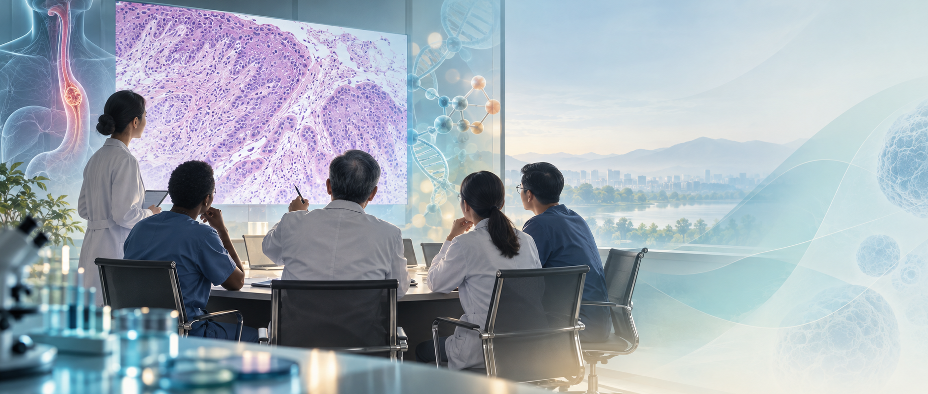 多学科团队围绕病理与分子检测讨论食管癌治疗的医学艺术插画